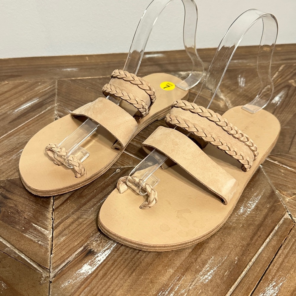 Valia Gabriel Womens 37/7 Tan Leather Braided Toe Loop Sandals Hand Made Greece